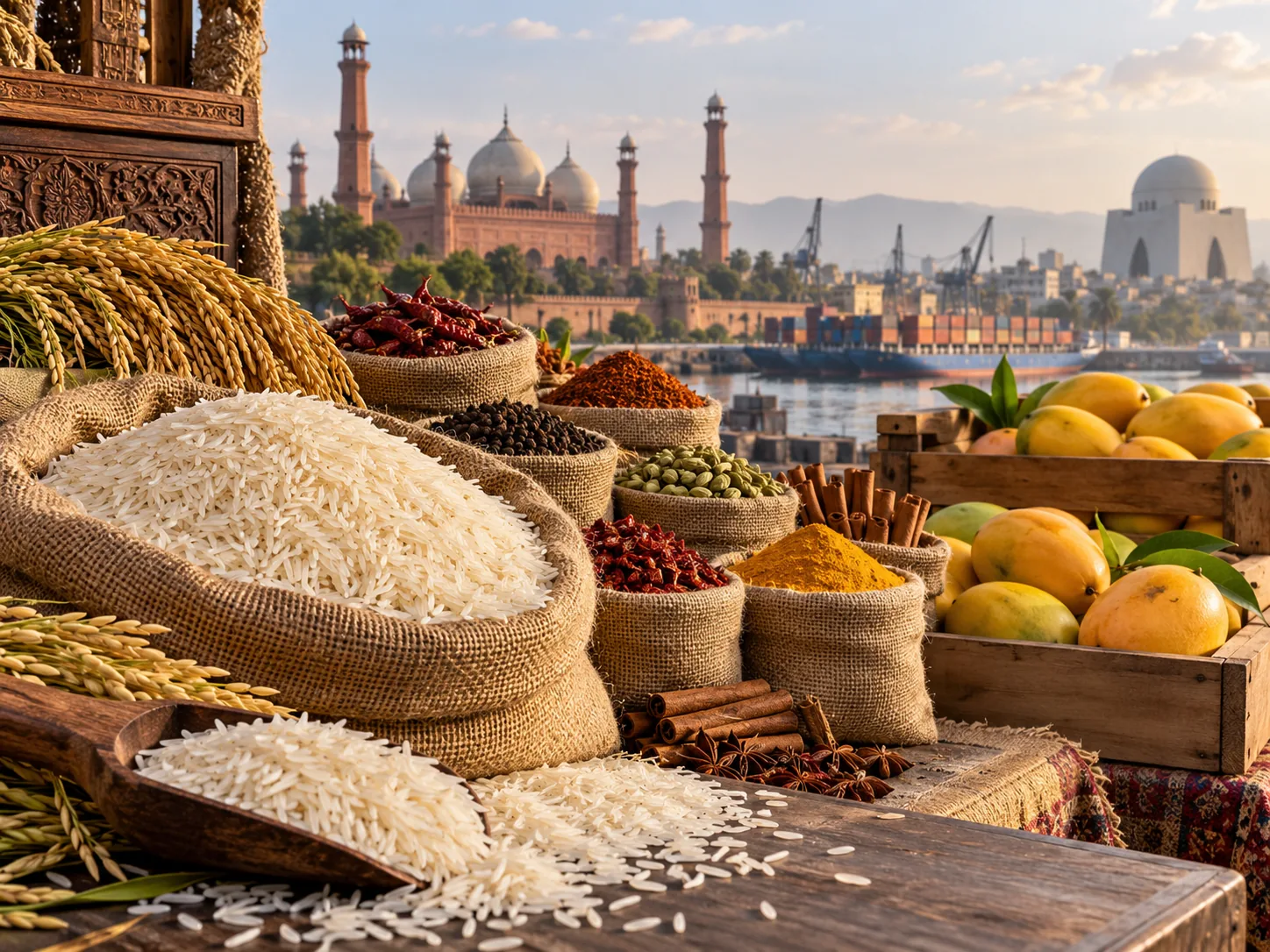 Illustrative arrangement of rice, spices and fruit