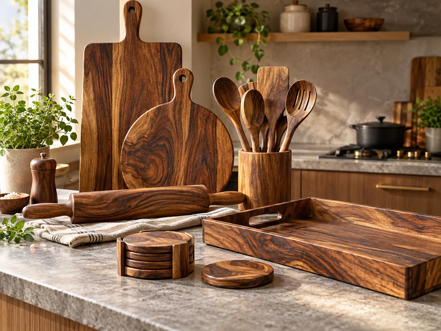 Illustrative display of wooden kitchenware
